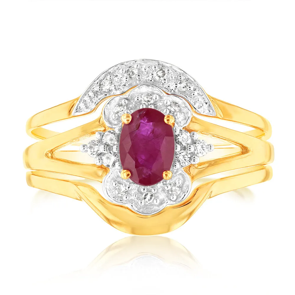 0.55 Carat Natural Ruby & 16 Diamond Bridal 3-Ring Set in 9ct Yellow Gold Shiels