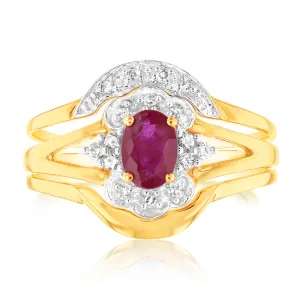 0.55 Carat Natural Ruby & 16 Diamond Bridal 3-Ring Set in 9ct Yellow Gold Shiels