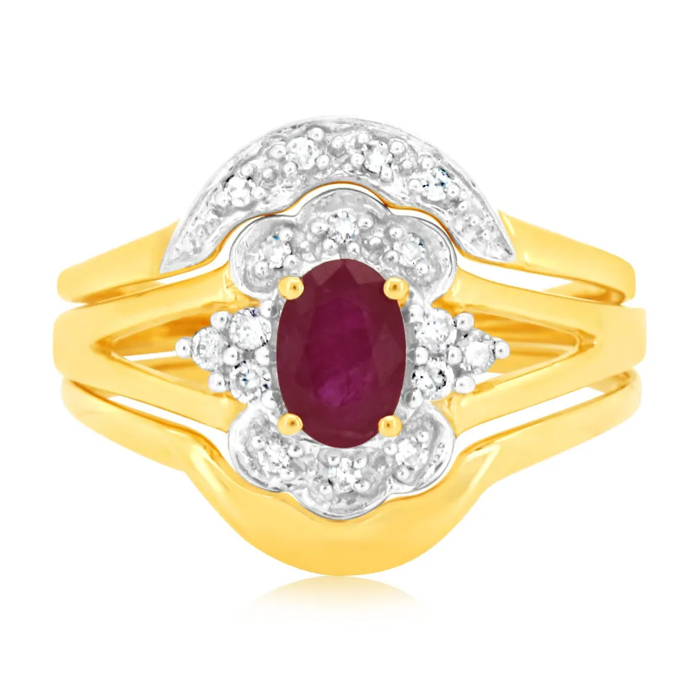 0.55 Carat Natural Ruby & 16 Diamond Bridal 3-Ring Set in 9ct Yellow Gold Shiels