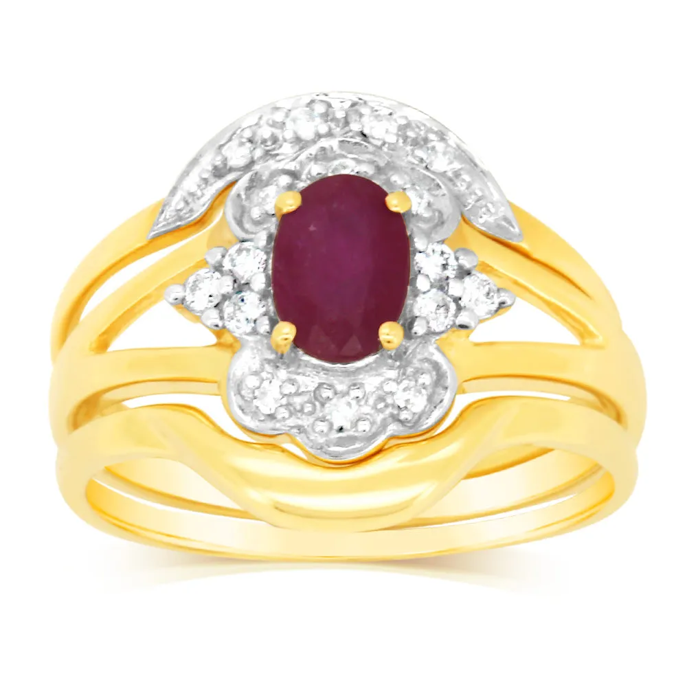 0.55 Carat Natural Ruby & 16 Diamond Bridal 3-Ring Set in 9ct Yellow Gold Shiels
