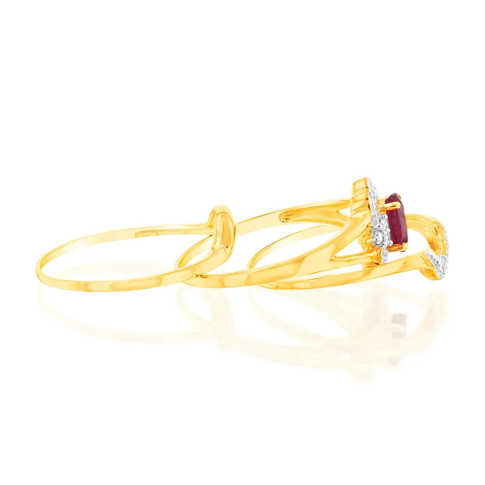 0.55 Carat Natural Ruby & 16 Diamond Bridal 3-Ring Set in 9ct Yellow Gold Shiels