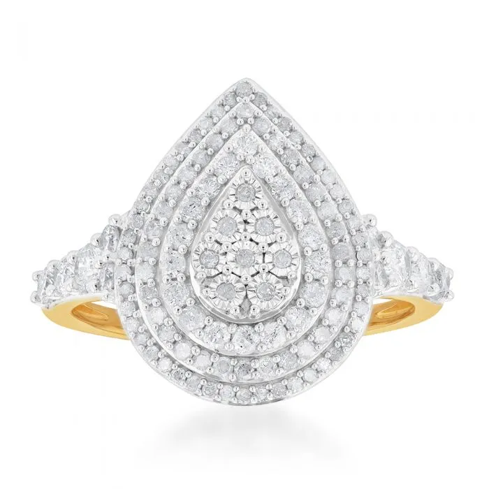 1 Carat Diamond Pear Shaped Cluster Ring Set in Sterling Silver and 9ct Yellow Gold Shiels