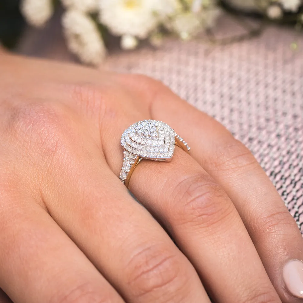 1 Carat Diamond Pear Shaped Cluster Ring Set in Sterling Silver and 9ct Yellow Gold Shiels