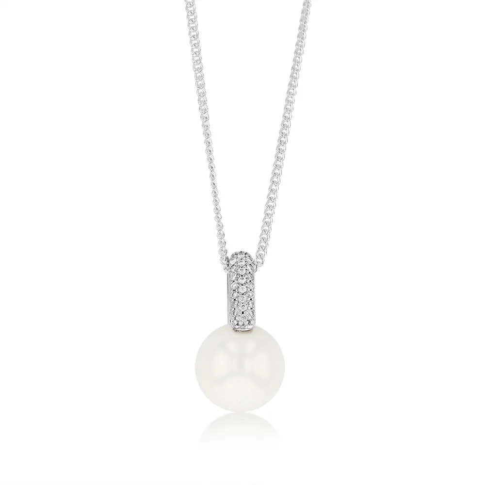 10-11mm White South Sea Pearl Pendant with Pave Zirconia Bale on 45cm Chain in Sterling Silver Shiels