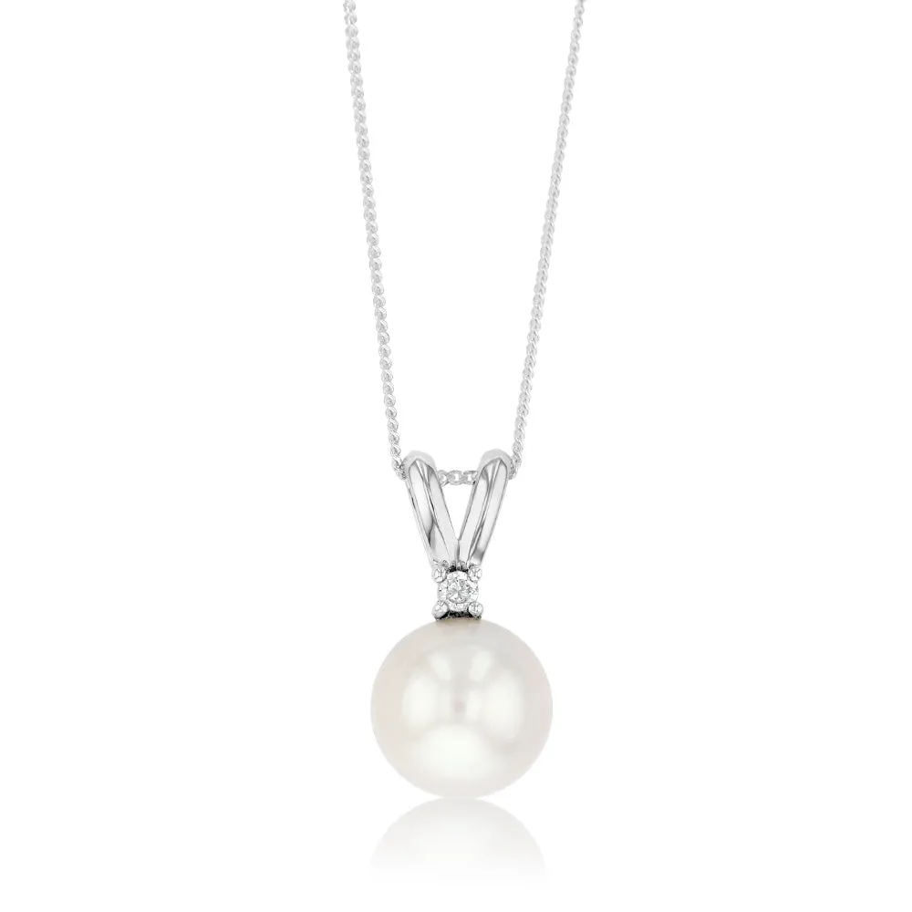 11-12mm White South Pearl and Zirconia Pendant on 45cm Chain in Sterling Silver Shiels