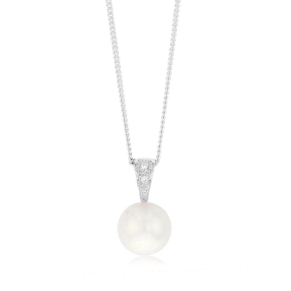 11-12mm White South Sea Pearl and Diamond Pendant on 45cm Chain in Sterling Silver Shiels