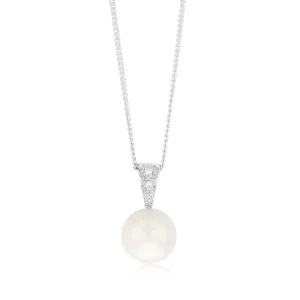 11-12mm White South Sea Pearl and Diamond Pendant on 45cm Chain in Sterling Silver Shiels