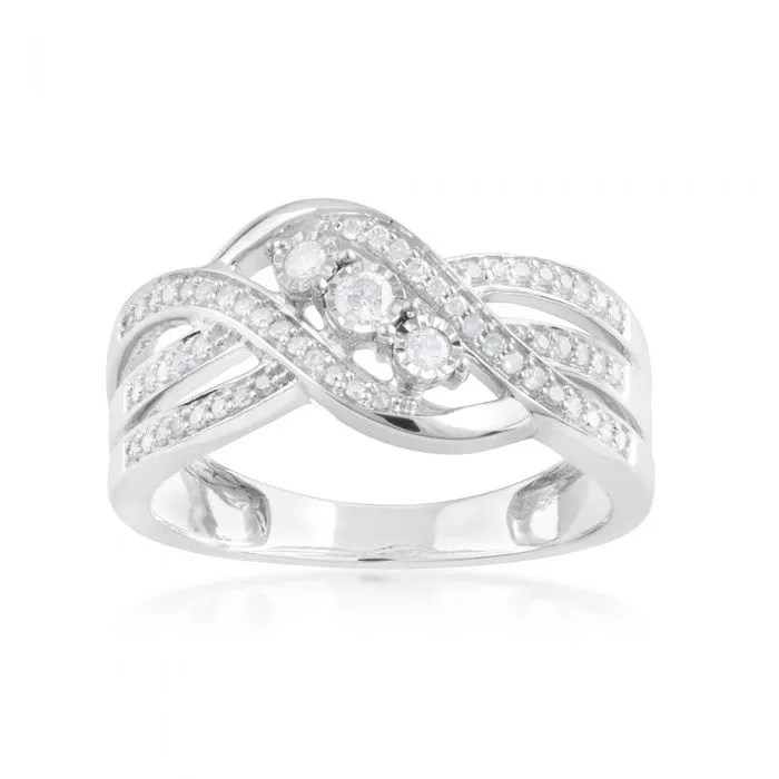 1/4 Carat Diamond Ring with 3 Offset Feature Diamonds Ring in Sterling Silver Shiels