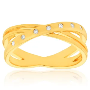 14ct Gold Plated Sterling Silver Diamond Cross Over Ring with 7 Diamonds Shiels