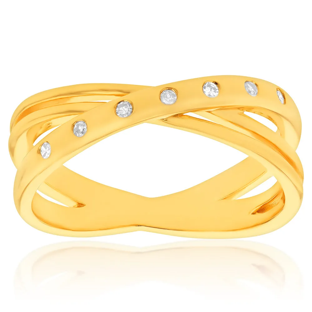14ct Gold Plated Sterling Silver Diamond Cross Over Ring with 7 Diamonds Shiels