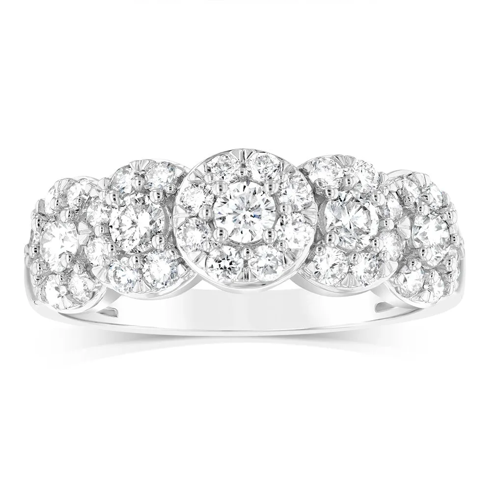 14ct White Gold 0.95 Carat Diamond Ring with 5 Round Brilliant Cut Diamonds Surrounded by Diamond Halos Shiels