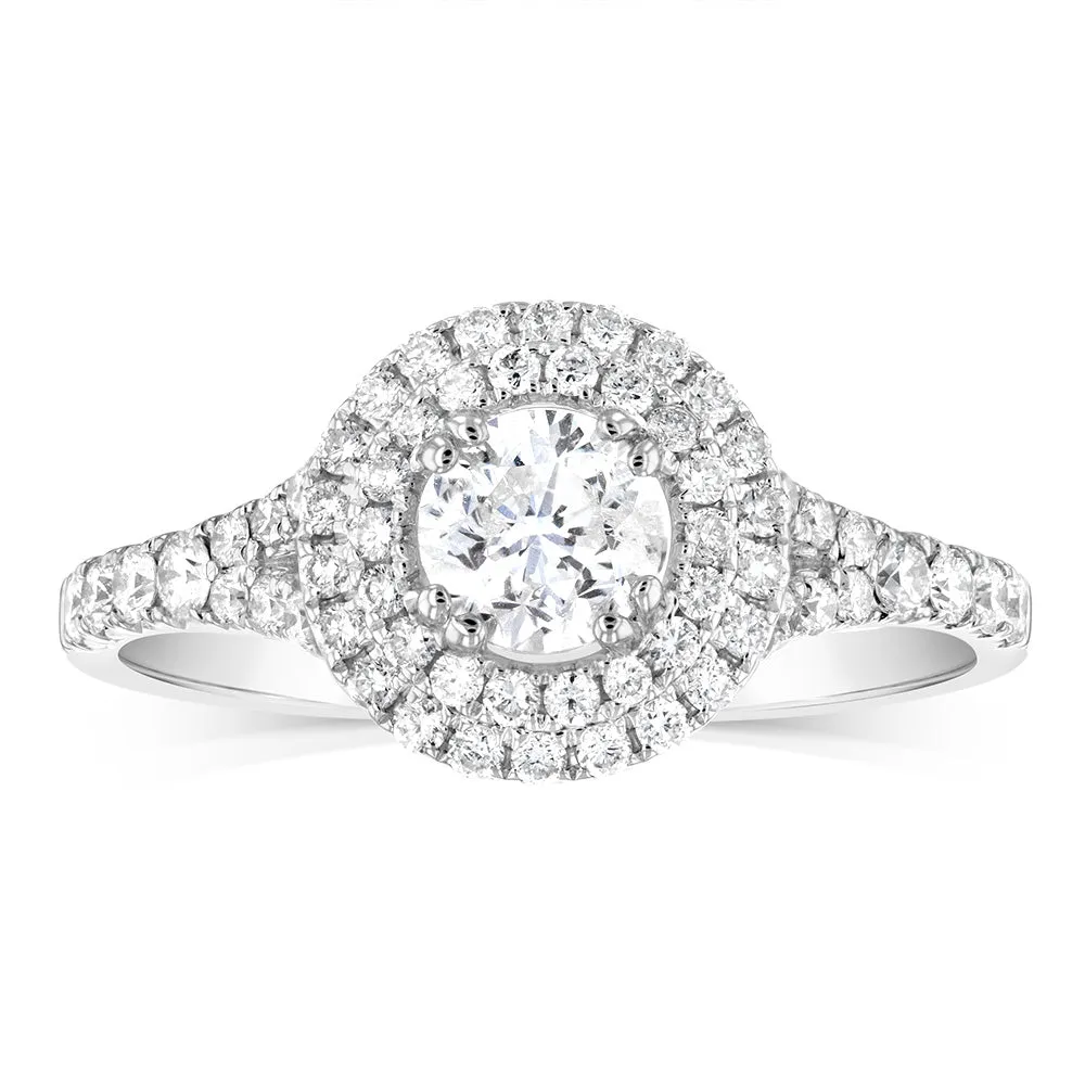 14ct White Gold 1 Carat Brilliant Cut Diamond Solitaire Ring with Double Diamond Halo and Diamond Split Shank Shiels