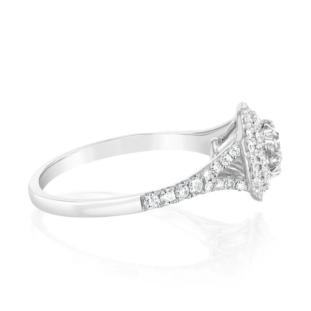 14ct White Gold 1 Carat Brilliant Cut Diamond Solitaire Ring with Double Diamond Halo and Diamond Split Shank Shiels