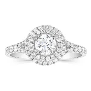 14ct White Gold 1 Carat Brilliant Cut Diamond Solitaire Ring with Double Diamond Halo and Diamond Split Shank Shiels
