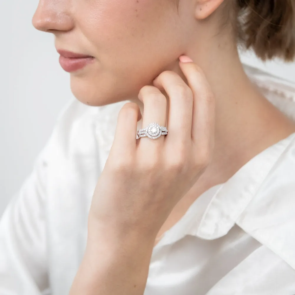 14ct White Gold 1 Carat Brilliant Cut Diamond Solitaire Ring with Double Diamond Halo Shiels