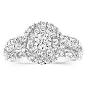 14ct White Gold 1 Carat Brilliant Cut Diamond Solitaire Ring with Double Diamond Halo Shiels