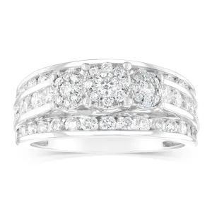 14ct White Gold 1.5 Carat Diamond Trilogy Ring with 3 Round Brilliant Cut Diamonds Surrounded by Diamond Halos and Channel Set Band Shiels