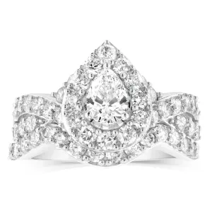 14ct White Gold 1.95 Carat Diamond Bridal 2 Ring set with Pear Centre Diamond Surrounded by Brilliant Cut Diamond Halo Shiels