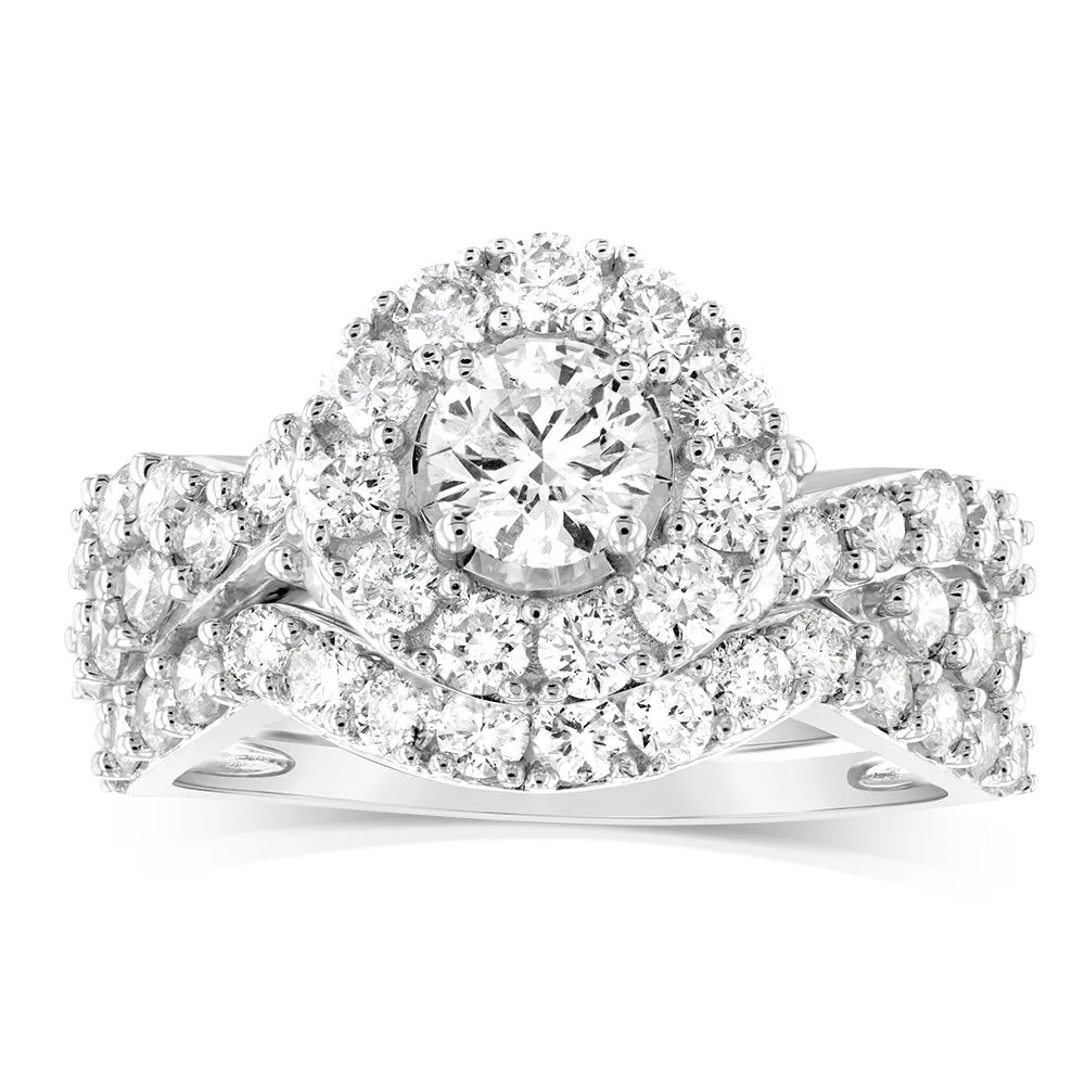 14ct White Gold 1.95 Carat Diamond Halo Bridal 2 Ring set with Brilliant Cut Diamonds Shiels