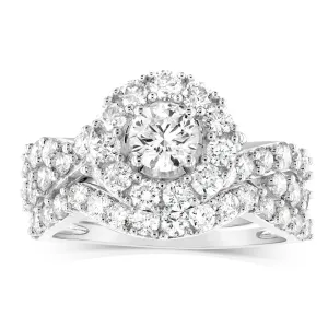 14ct White Gold 1.95 Carat Diamond Halo Bridal 2 Ring set with Brilliant Cut Diamonds Shiels