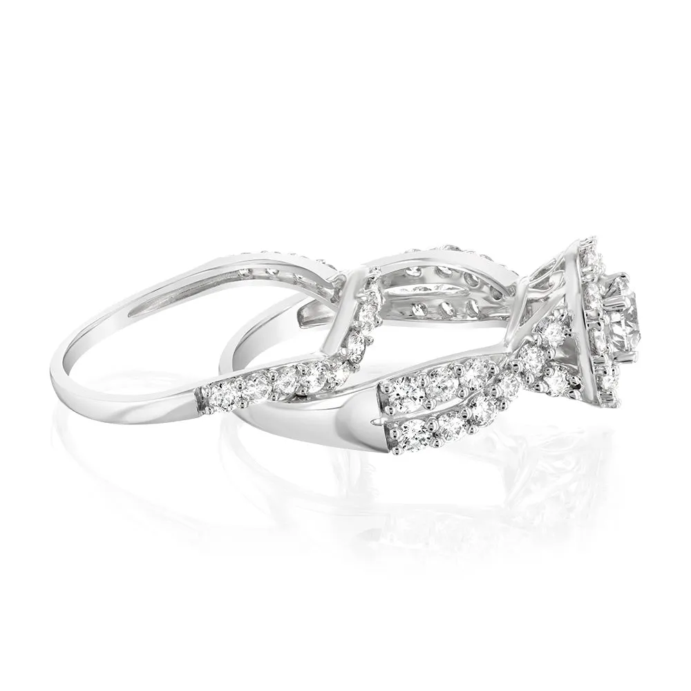 14ct White Gold 1.95 Carat Diamond Halo Bridal 2 Ring set with Brilliant Cut Diamonds Shiels