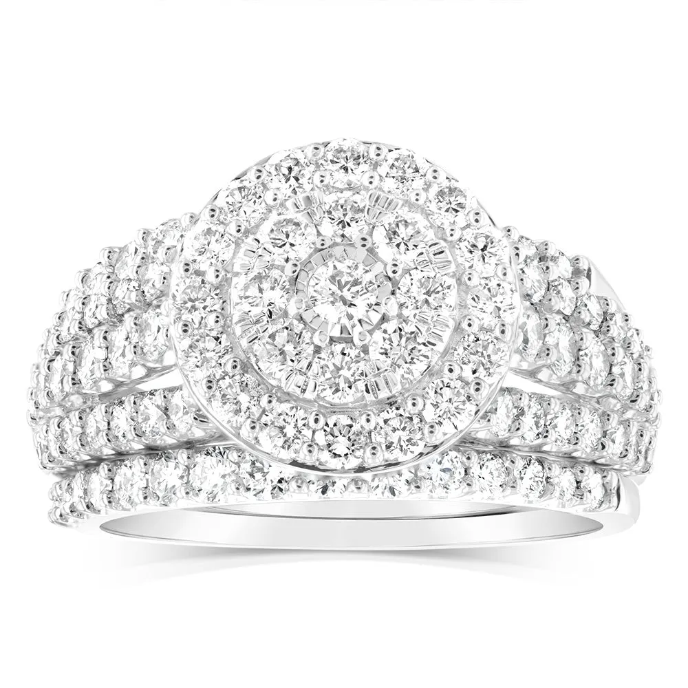 14ct White Gold 1.95 Carat Diamond Halo Bridal 3 Ring set with Brilliant Cut Diamonds Shiels