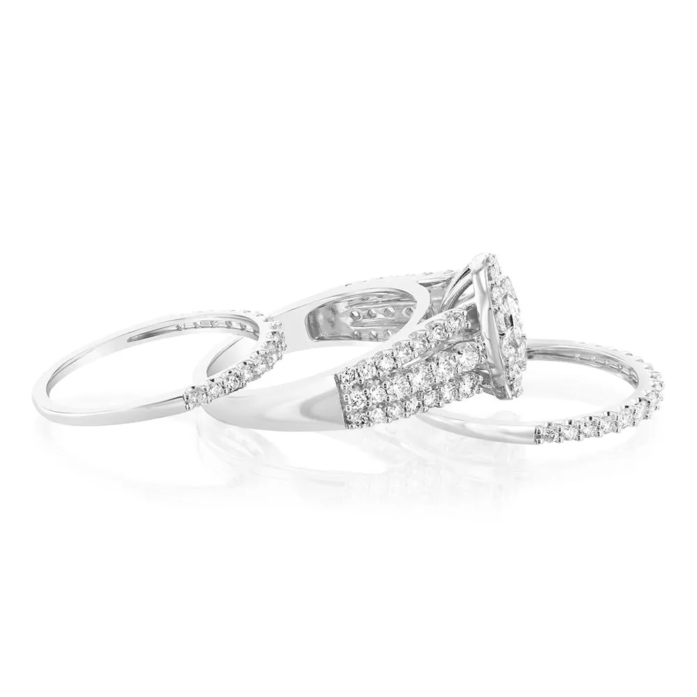 14ct White Gold 1.95 Carat Diamond Halo Bridal 3 Ring set with Brilliant Cut Diamonds Shiels