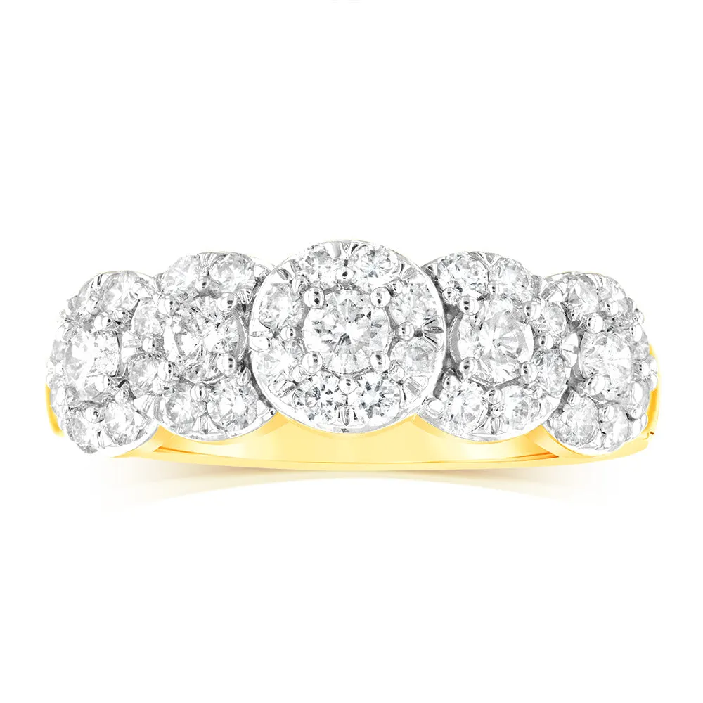 14ct Yellow Gold 0.95 Carat Diamond Ring with 5 Round Brilliant Cut Diamonds Surrounded by Diamond Halos Shiels