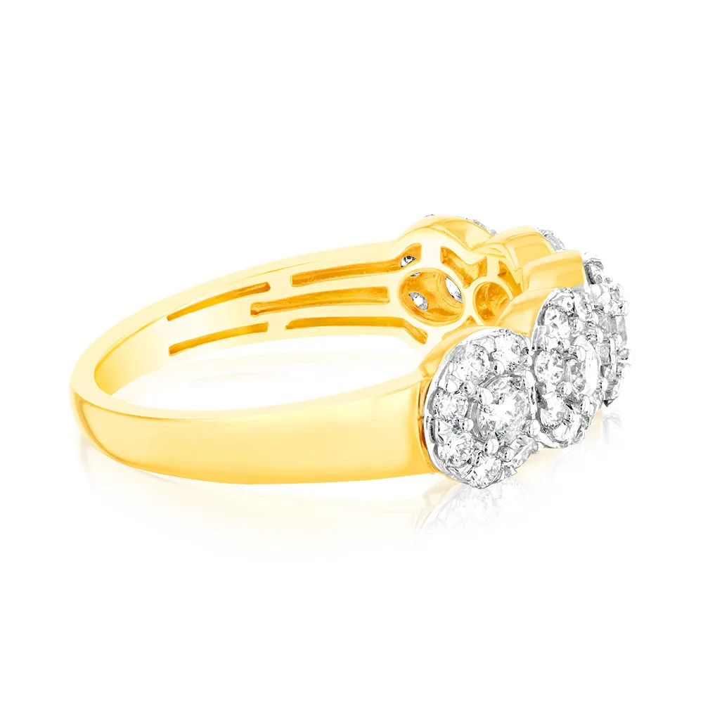 14ct Yellow Gold 0.95 Carat Diamond Ring with 5 Round Brilliant Cut Diamonds Surrounded by Diamond Halos Shiels