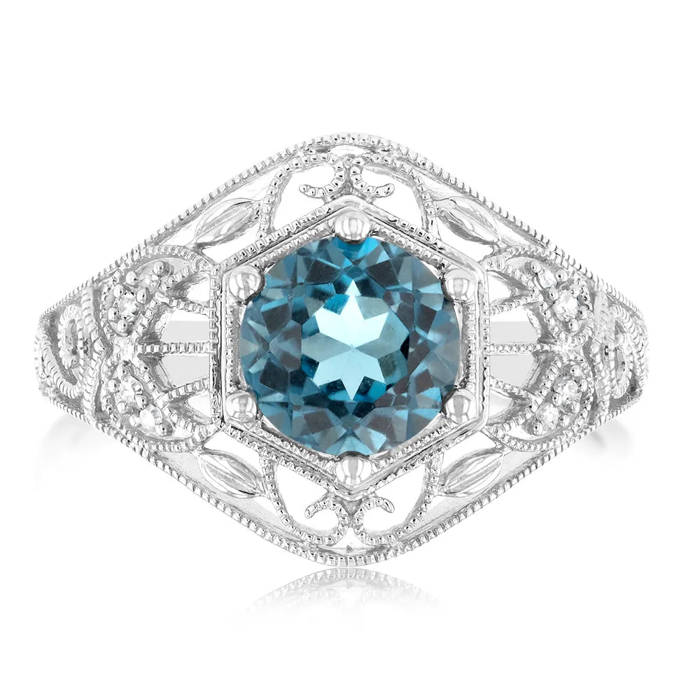 1.5Ct London Blue Topaz Ring with 8 Diamonds in Sterling Silver Shiels