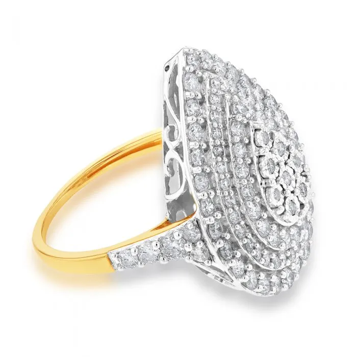 2 Carat Diamond Pear Shaped Cluster Ring Set in Sterling Silver and 9ct Yellow Gold Shiels