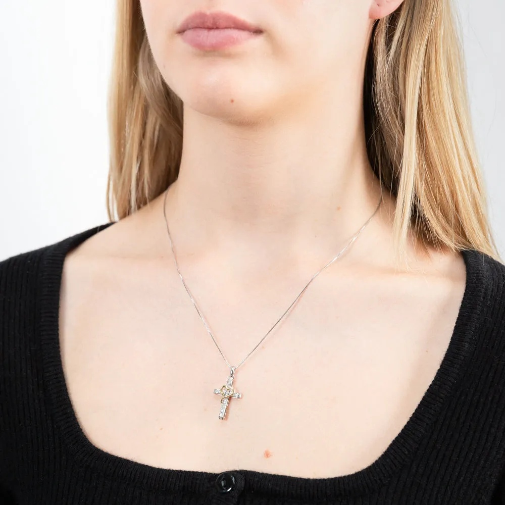 5 Point Diamond Cross Pendant in Sterling Silver with Yellow Heart Accent on 45cm Silver Chain Shiels