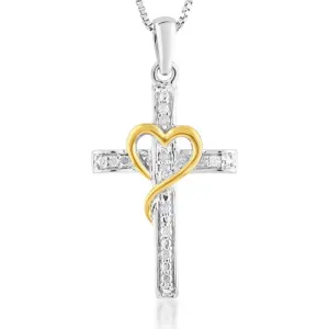 5 Point Diamond Cross Pendant in Sterling Silver with Yellow Heart Accent on 45cm Silver Chain Shiels