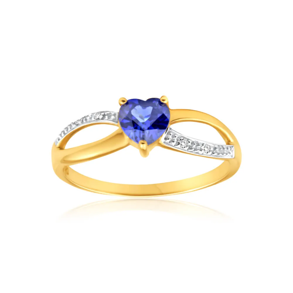 9ct Charming Yellow Gold Created Sapphire   Diamond Ring Shiels