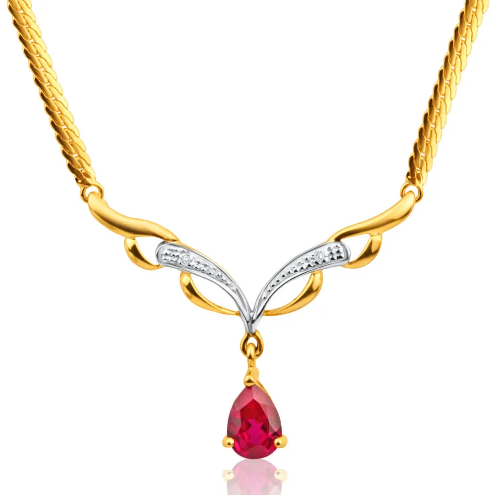9ct Elegant Yellow Gold Created Ruby   Diamond Chain Shiels