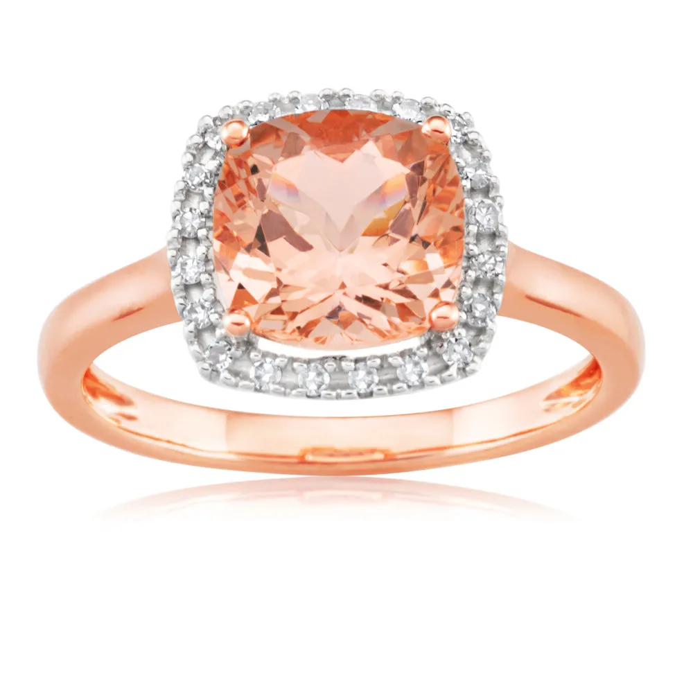 9ct Rose Gold 8mm 2.00 Carat Cushion Cut Morganite and 0.10 Carat Diamond Ring Shiels