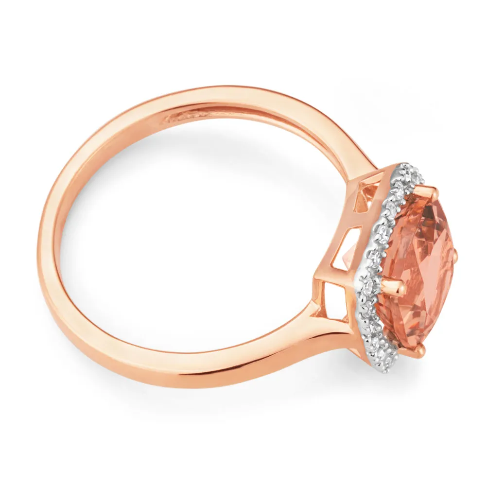 9ct Rose Gold 8mm 2.00 Carat Cushion Cut Morganite and 0.10 Carat Diamond Ring Shiels