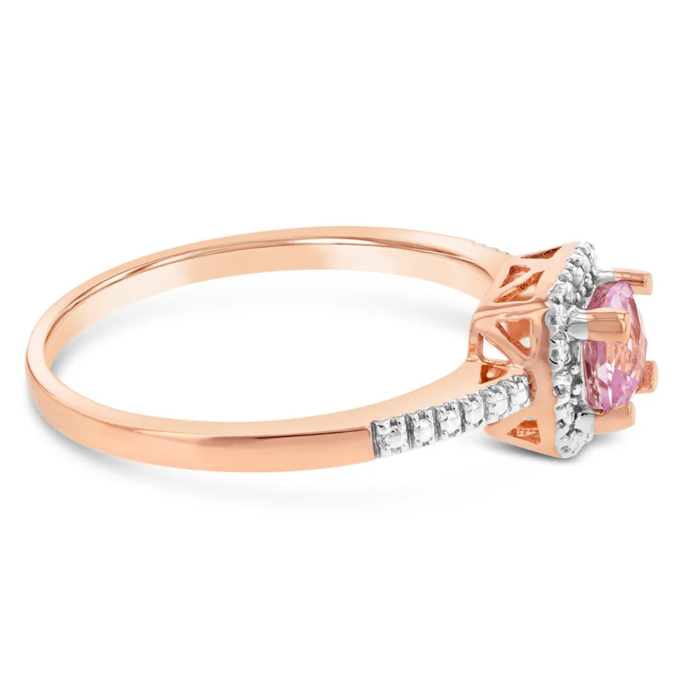 9ct Rose Gold Created Morganite And Diamond Cushion Ring Shiels