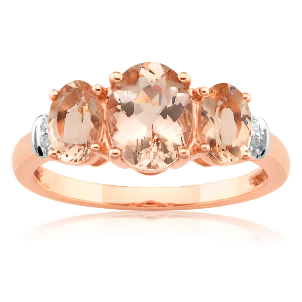 9ct Rose Gold Morganite 1.98CT & Diamond 0.025CT Trilogy Ring Shiels