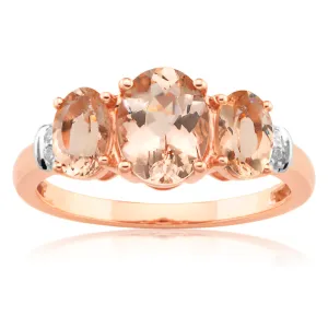 9ct Rose Gold Morganite 1.98CT & Diamond 0.025CT Trilogy Ring Shiels