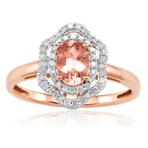 9ct Rose Gold Morganite 7x5mm 0.65 Carats and Diamonds 0.25 Carats Floral Halo Ring Shiels