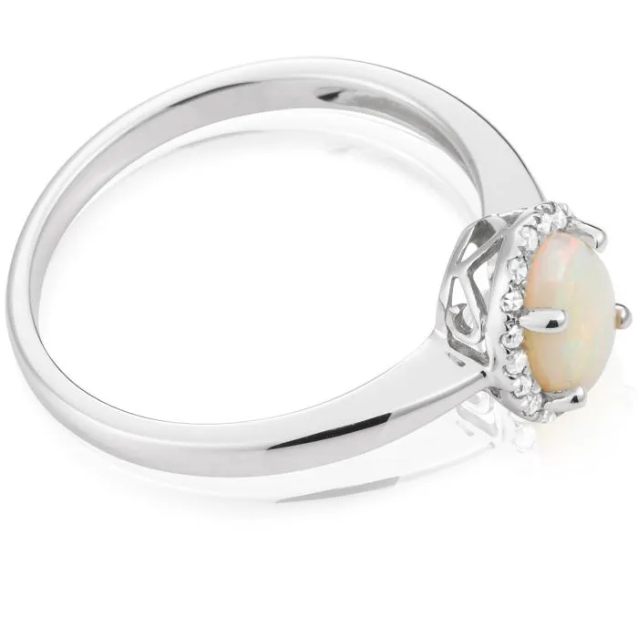9ct White Gold 0.45ct Natural White Opal and Diamond Halo Ring Shiels