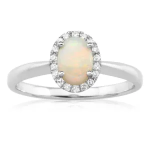 9ct White Gold 0.45ct Natural White Opal and Diamond Halo Ring Shiels