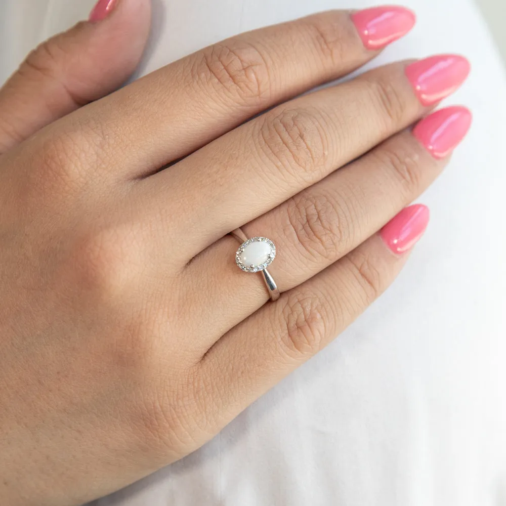 9ct White Gold 0.45ct Natural White Opal and Diamond Halo Ring Shiels