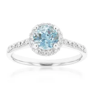 9ct White Gold 0.75ct Aquamarine and 1/10 Carat Diamond Halo Ring Shiels