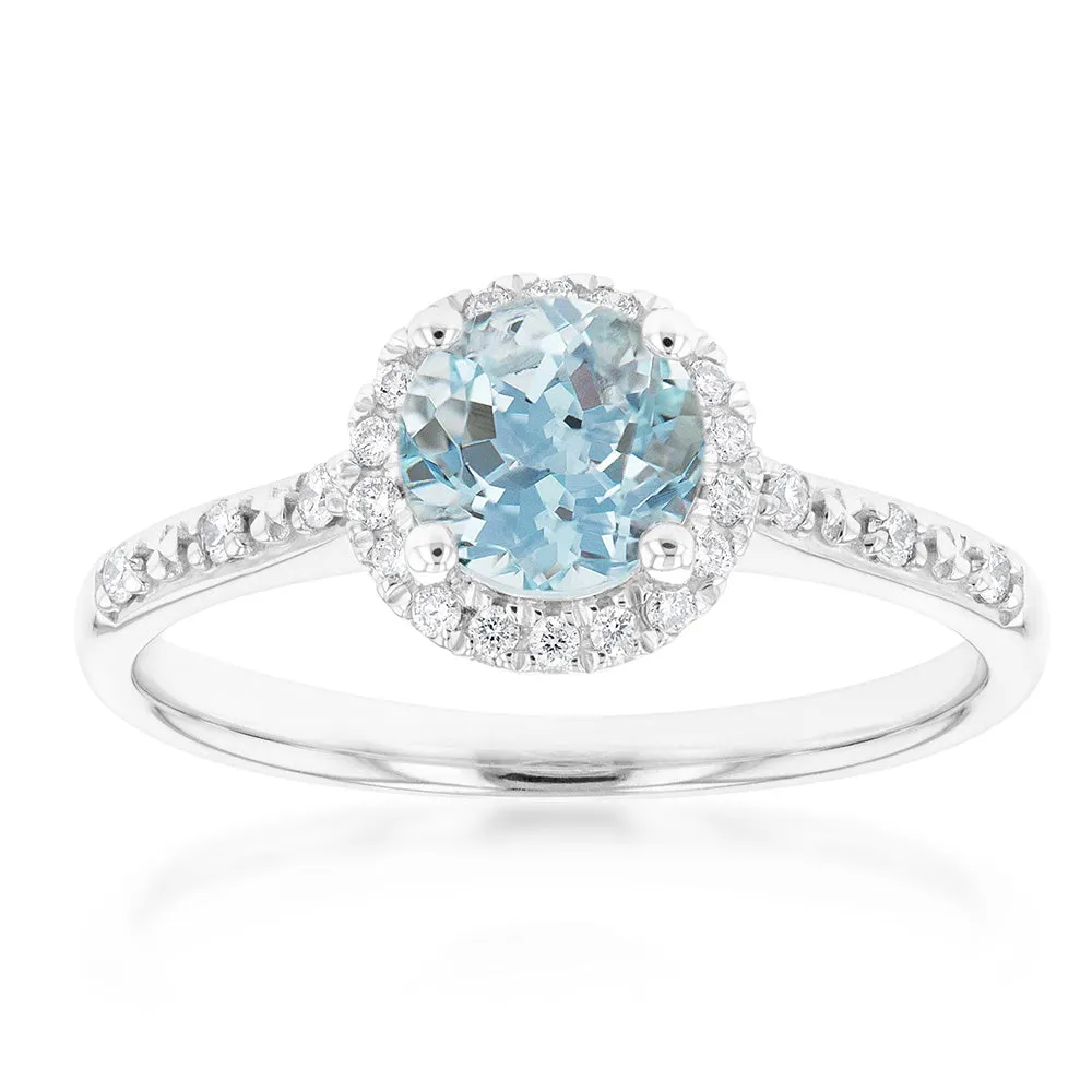 9ct White Gold 0.75ct Aquamarine and 1/10 Carat Diamond Halo Ring Shiels