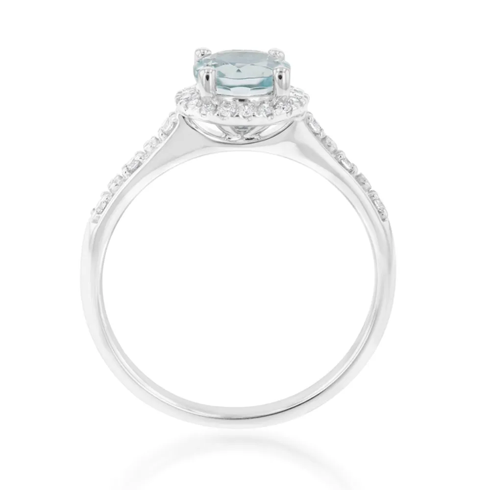 9ct White Gold 0.75ct Aquamarine and 1/10 Carat Diamond Halo Ring Shiels