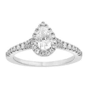9ct White Gold 1 Carat Pear Cut Diamond Solitaire Ring with Brilliant Halo and Sides Shiels