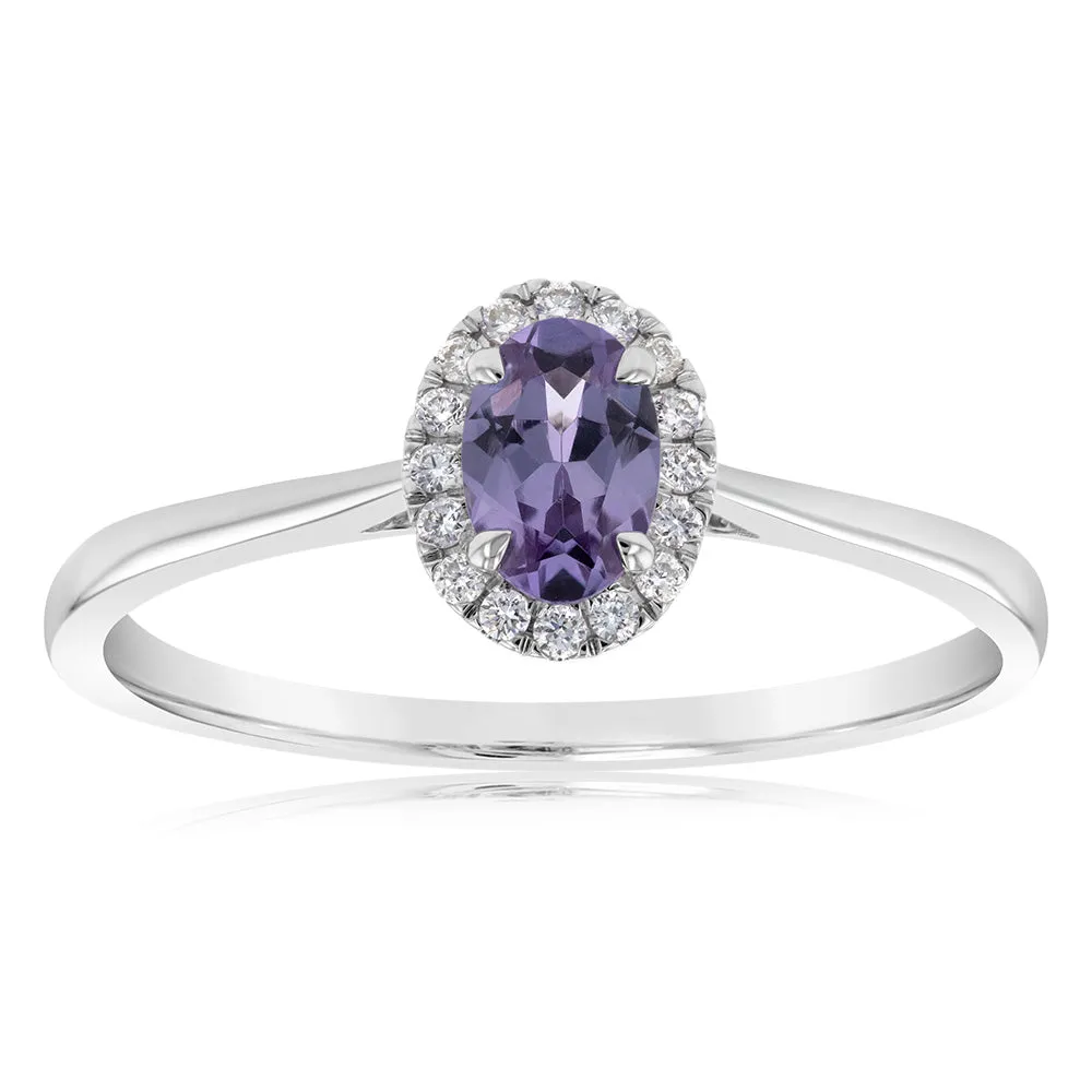 9ct White Gold Created Oval Alexandrite & Diamond Halo Ring Shiels