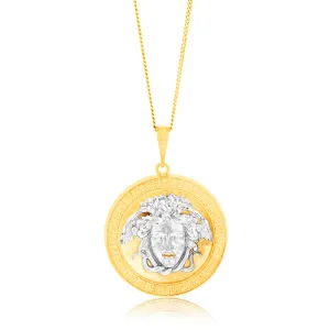 9ct Yellow & White Gold Medusa Greek Key Round Diamond Cut Pendant Shiels